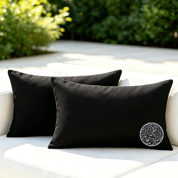 Outdoor Throw Pillows with Inserts, Waterproof Pillows for Outdoor Seating, Square Decorative Garden Cushion for Patio Furniture, Bed, Couch, Sofa (Black, 12" x 20" (Pack of 2))