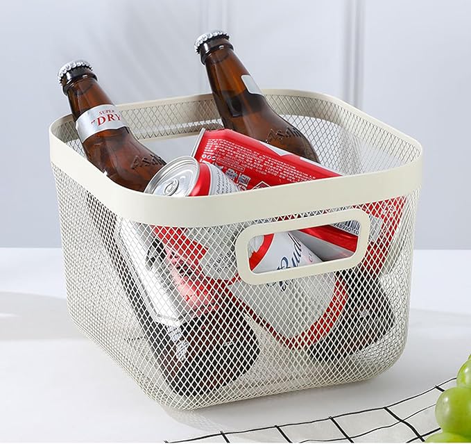 AJIODA Metal Mesh Steel Baskets, Household Wire Storage Organizer Bin Garden Harvest Basket Multi-functional Fruit Baskets with Handles for Kitchen Bathroom Picnic Shopping Decor Cabinet Home, Beige