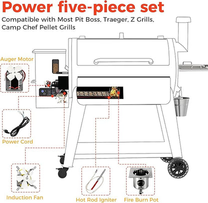 Fit For Traeger and Pit Boss Wood Pellet Grill Parts Replacement Kit include 2.0 RPM Auger Motor,Induction Fan Kit,Power Cord,Fire Burn Pot and Hot Rod Ignitor By Romalon