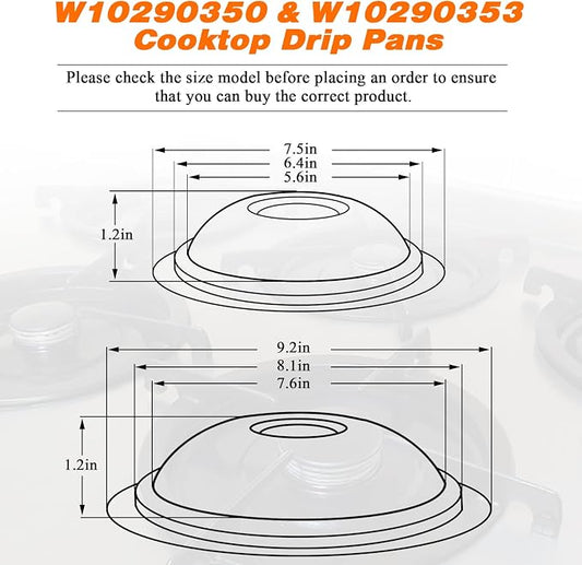 W10290350 W10290353 Porcelain Burner Drip Pan Bowls by Blutoget - Fit for Whirlpool Electric Range Stove Pans- 2 Pack 8-Inch and 2 Pack 6-Inch Pans(Black Porcelain),W10288051 Electric Stove Drip Pans