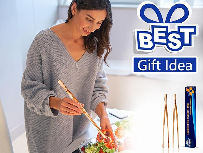 JETKONG 2 Pcs 9-Inch Kitchen Tweezers Cooking Tweezer Tongs Stainless Steel Food Tweezers (Rose Gold)