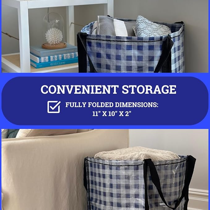DURASACK Heavy Duty Storage Tote Bag 22-Gallon, Gingham Blue | Rugged Woven Polypropylene Moving Bag, Reusable Self-Standing Design, Holds up to 500 Pounds