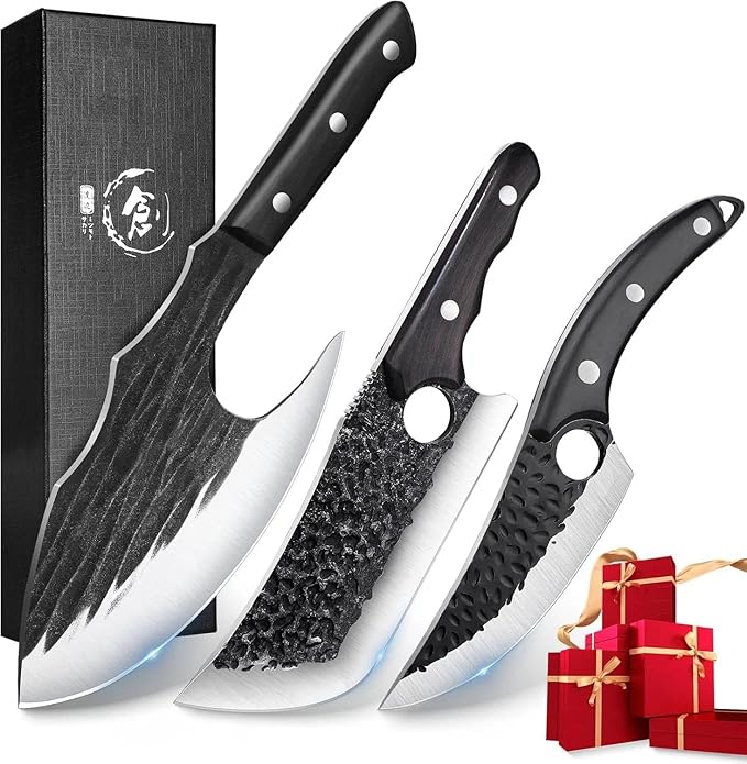 TIJERAS Butcher Knife Set For Meat Cutting, 3PCS Hand Forged Camping Knife Set With Ergonomic Handle, High Carbon Steel Meat Bone Cleaver for Kitchen Camping BBQ, Birthday Gifts for Men Women