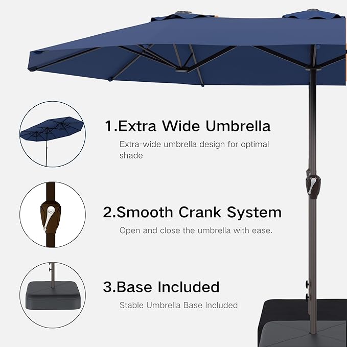 Kingdura 13ft Large Patio Umbrella with Solar Lights, Double-Sided Rectangle Outdoor Table Umbrella with Base Included, 12 Reinforced Ribs, 48 Led Lights, Crank Lift for Market Pool Deck, Navy blue