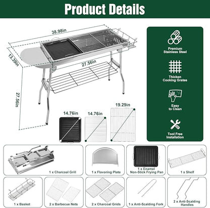 Portable Charcoal Grill, Folding Barbecue Grill with Storage Shelf, 39" x 13.39"x 27.56" Stainless Steel BBQ Smoker Barbecue Tool Kits for Outdoor Cooking Camping Hiking Picnics Backpacking (Large)