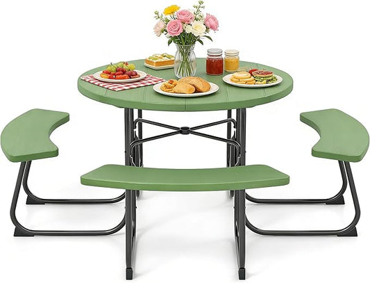 COSTWAY Round Picnic Table with Umbrella Hole, Outdoor Picnic Table with Bench Set for 4-8 People, HDPE Tabletop, Patio Dining Furniture Set for Family Gatherings, BBQ Party, Backyard (Green)