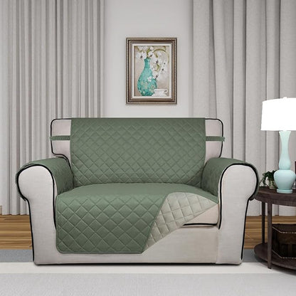 PureFit Reversible Quilted Sofa Cover Dog Couch Covers for Sofa, 28 in | Greyish Green/Beige, Water Resistant Couch Protector, Washable Pet Couch Cover with Non Slip and Elastic Straps For Kids