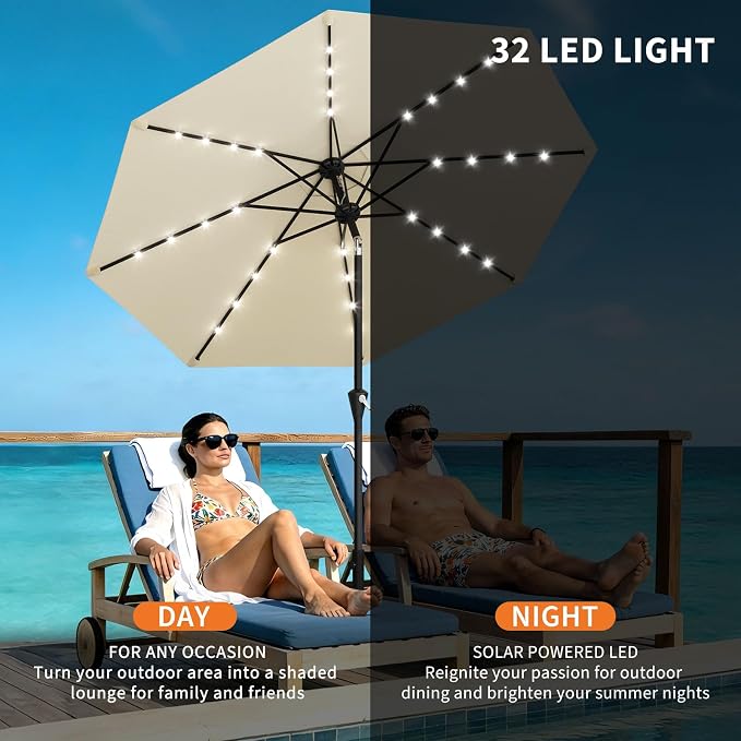 Garvee 9FT Solar Patio Umbrella with 32 LED Lights - Outdoor Table Umbrella with Crank Lift, Push Button Tilt and 8 Sturdy Ribs - Market Umbrella UV Protection for Pool, Deck, Yard, Garden -Beige