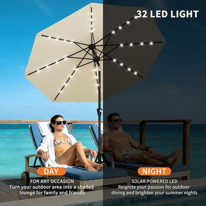 Garvee 9FT Solar Patio Umbrella with 32 LED Lights - Outdoor Table Umbrella with Crank Lift, Push Button Tilt and 8 Sturdy Ribs - Market Umbrella UV Protection for Pool, Deck, Yard, Garden -Beige