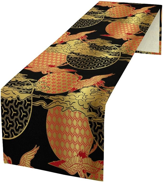 Japanese Cranes Table Runner Asian Chinese Oriental Luxury Red Black Gold Clouds Bamboo Dinner Runner Table Decoration for Home Kitchen Dining Table Party 13x120in