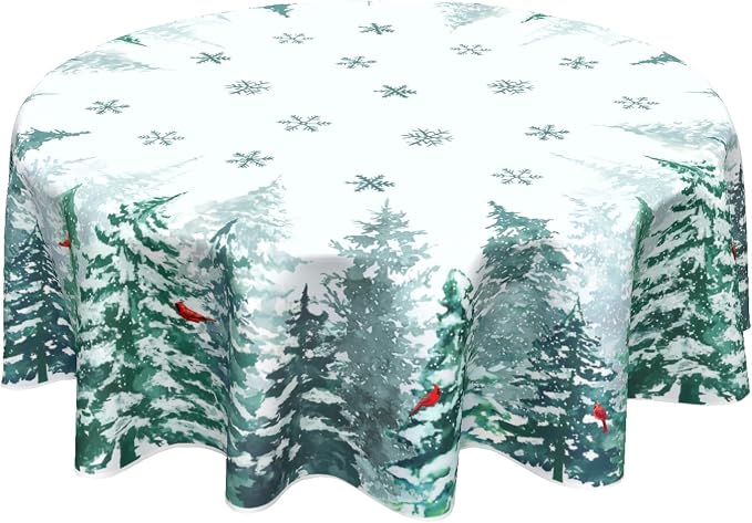 Winter Green Pine Tree Table Cloth Round Xmas Red Cardinal Bird Snowflake Tablecloth 60 Inch Decor Washable Stain and Wrinkle Resistant Winter Round Table Cover for Dining Picnic