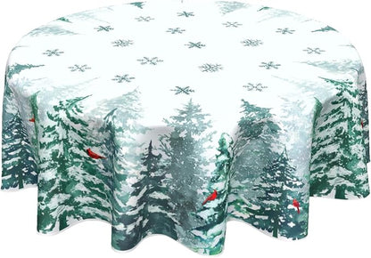 Winter Green Pine Tree Table Cloth Round Xmas Red Cardinal Bird Snowflake Tablecloth 60 Inch Decor Washable Stain and Wrinkle Resistant Winter Round Table Cover for Dining Picnic