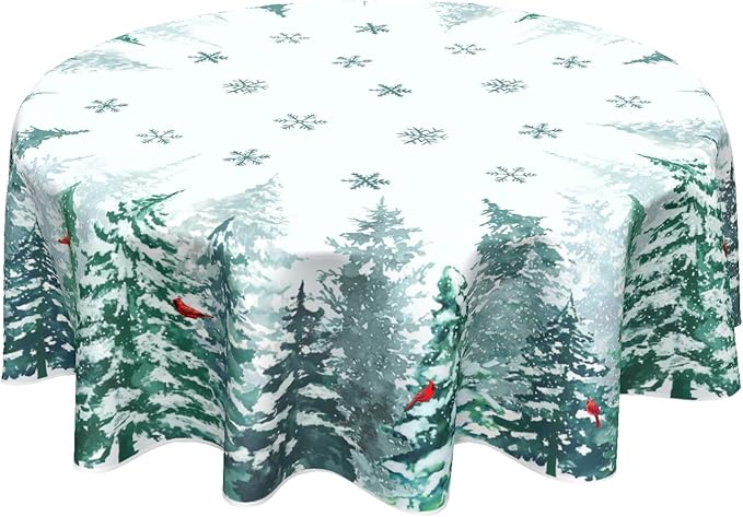 Sweetshow Winter Green Pine Tree Table Cloth Round Xmas Red Cardinal Bird Snowflake Tablecloth 70 Inch Decor Washable Stain and Wrinkle Resistant Winter Round Table Cover for Dining Picnic