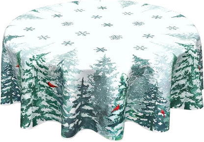 Sweetshow Winter Green Pine Tree Table Cloth Round Xmas Red Cardinal Bird Snowflake Tablecloth 70 Inch Decor Washable Stain and Wrinkle Resistant Winter Round Table Cover for Dining Picnic