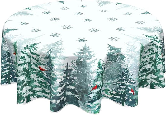 Sweetshow Winter Green Pine Tree Table Cloth Round Xmas Red Cardinal Bird Snowflake Tablecloth 70 Inch Decor Washable Stain and Wrinkle Resistant Winter Round Table Cover for Dining Picnic