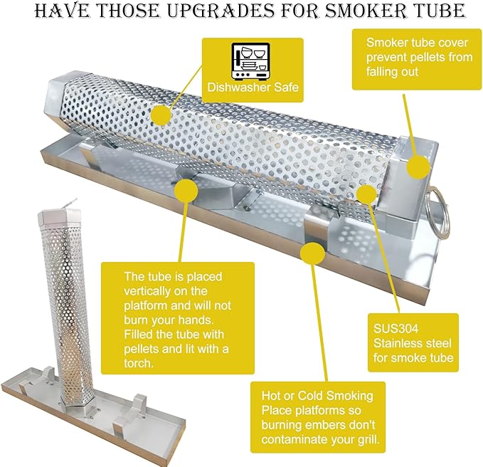 12'' Pellet Smoker Tube, Smoke Tube for Pellet Smoker With a Stainless Steel Tray and Tube Cover, 5 Hours Billowing Smoke, Works with Any Grill or Smoker