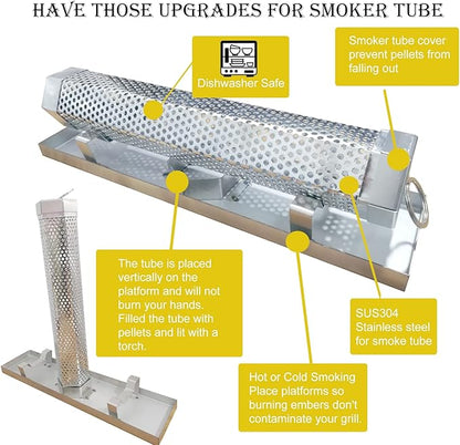 12'' Pellet Smoker Tube, Smoke Tube for Pellet Smoker With a Stainless Steel Tray and Tube Cover, 5 Hours Billowing Smoke, Works with Any Grill or Smoker