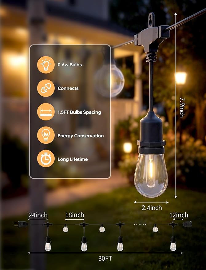 30FT Outdoor String Lights for Patio with 18+1 Shatterproof LED Bulbs | Plug-in Hanging Lights for Outside Connectable for Balcony, Camping, Porch Pool and Backyard
