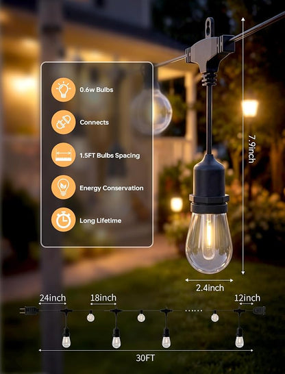 30FT Outdoor String Lights for Patio with 18+1 Shatterproof LED Bulbs | Plug-in Hanging Lights for Outside Connectable for Balcony, Camping, Porch Pool and Backyard