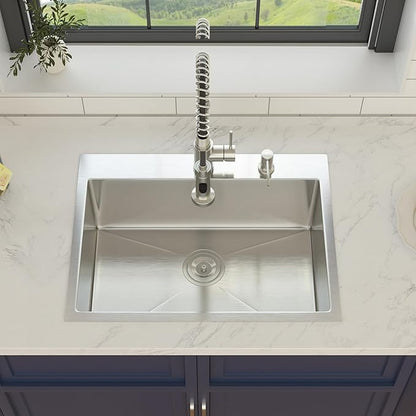 24 Inch Drop in Kitchen Sink 24x18 Drop in Kitchen Sink 16 Gague Topmount Stainless Steel Single Bowl Handmade Sinks Large Deep Basin 24"x18"x9"