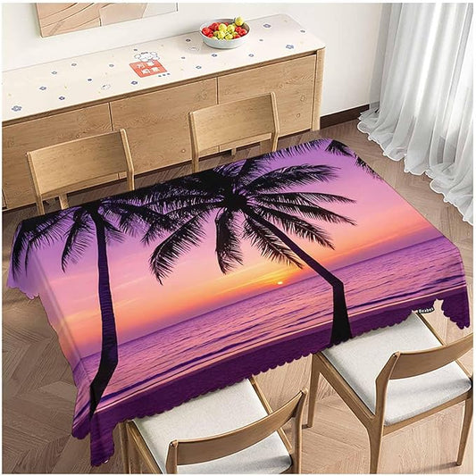 Decorative Rectangle Tablecloth 52"X70" Beach Sunset, Paradise Beach Palm Trees Sunset Wrinkle Free Table Cover Picnic Table Cloths for Parties Weddings Kitchen Tablecloth Purple
