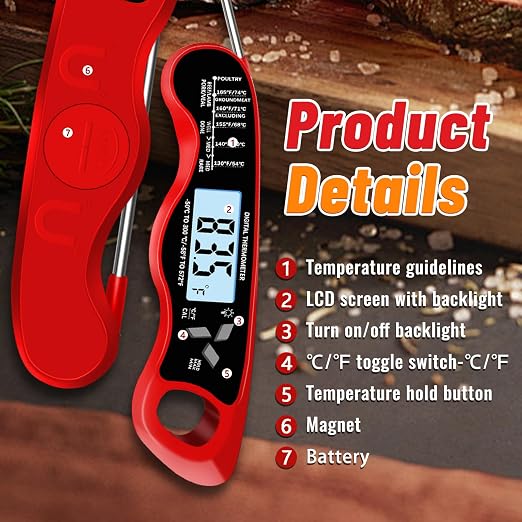 Meat Thermometer Digital, IP67 Waterproof Food Thermometer for Cooking | Backlight, Hold Function, Magnet, IP67 Waterproof, LED screen, for Kitchen, Grill, BBQ, Beef, Candy, Turkey