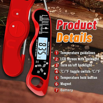 Meat Thermometer Digital, IP67 Waterproof Food Thermometer for Cooking | Backlight, Hold Function, Magnet, IP67 Waterproof, LED screen, for Kitchen, Grill, BBQ, Beef, Candy, Turkey