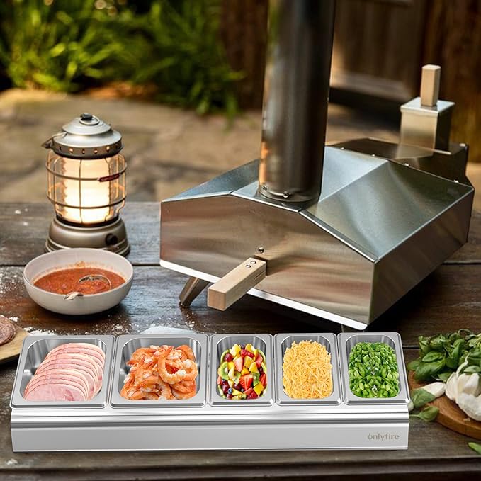 Onlyfire Pizza Topping Station, Stainless Steel Condiment Seasoning Containers with Lid and 5 Compartment Trays for Prepping Ingredients and Toppings, Pizza Oven Accessories Outdoor