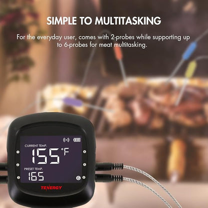 Tenergy Solis Digital Meat Thermometer, APP Controlled Wireless Bluetooth Smart BBQ Thermometer w/ 2 Stainless Steel Probes, Large LCD Display, & Carrying Case, Cooking Thermometer for Grill & Smoker