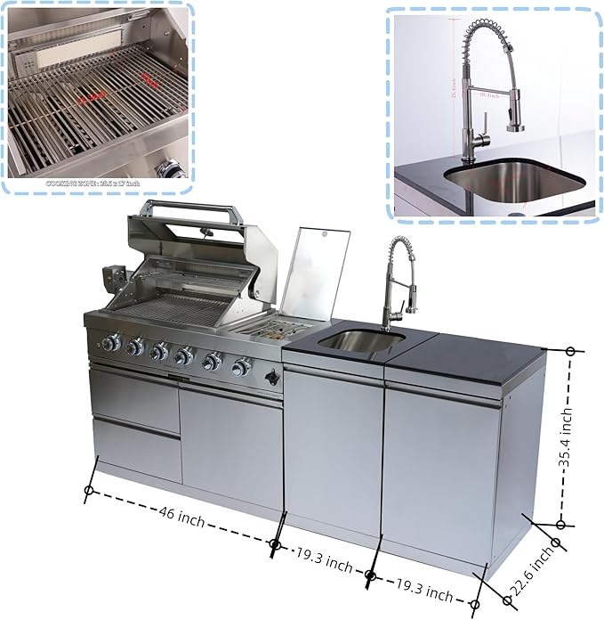 85" Modular Outdoor Kitchen Island with Grill and Side Burner, 4-Burner 72,000 BTU Propane BBQ Island, Separate Sink & Prep Station, for Backyard and Patio Cooking, Silver