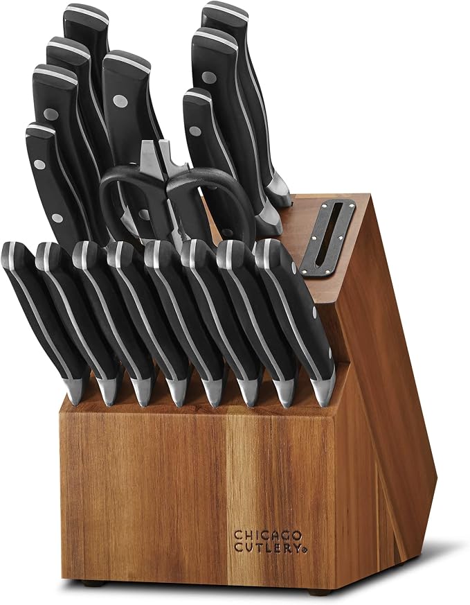 Chicago Cutlery Insignia Triple Rivet Poly (18-PC) Kitchen Knife Block Set With Wooden Block & Built-In Sharpener, Black Ergonomic Handles and Sharp Stainless Steel Professional Chef Knife Set | Black Ergonomic Handles and Sharp Stainless Steel