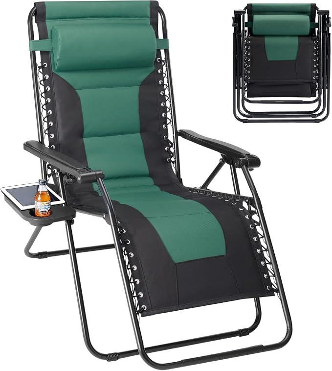 Sweetcrispy Zero Gravity Chairs, Foldable Patio Reclining Chairs with Adjustable Pillow & Cup Holder, Oversized Portable Support 400 lbs, for Backyard Camping, Black-Green