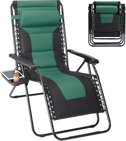 Sweetcrispy Zero Gravity Chairs, Foldable Patio Reclining Chairs with Adjustable Pillow & Cup Holder, Oversized Portable Support 400 lbs, for Backyard Camping, Black-Green