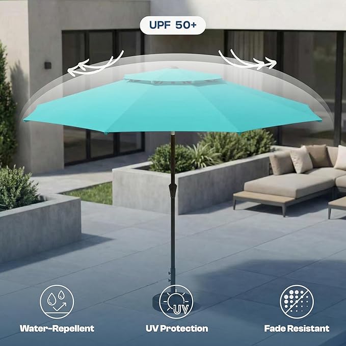 Patio Umbrella, 2 Tier Outdoor Table Umbrella, Large Vented Market Umbrellas with Push Button Tilt and Crank, 8 Sturdy Ribs for Backyard, Deck, Pool, UPF50+ UV Protection