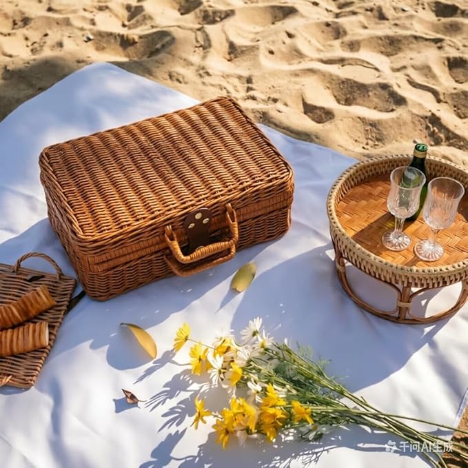 Wicker Picnic Basket, Decorative Prop Suitcase Vintage Storage Hamper Makeup Organizer, Metal Lock Rattan Storage Box with Handles for Sundries Travel Camping and Outdoor Party (Brown, M+XL)