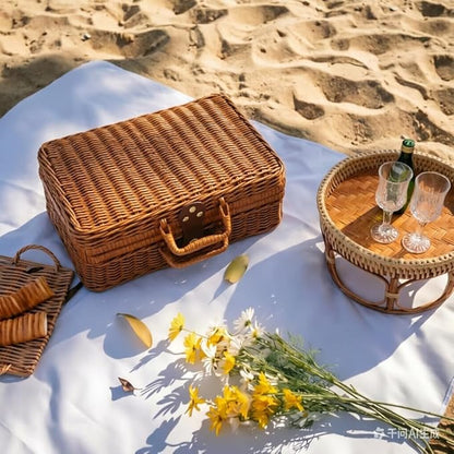 Wicker Picnic Basket, Decorative Prop Suitcase Vintage Storage Hamper Makeup Organizer, Metal Lock Rattan Storage Box with Handles for Sundries Travel Camping and Outdoor Party (Brown, M+XL)