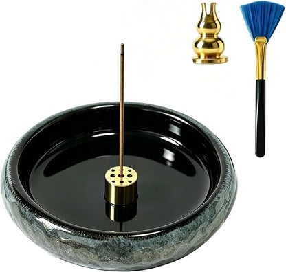 6 Inch Japanese Incense Holder for Stick,Ceramic Handmade Black | Incense Burner Bowl,9-Hole Design for Sticks,Cones,Coils Sage,Palo Santo - Perfect for Meditation,Yoga & Zen Home Décor