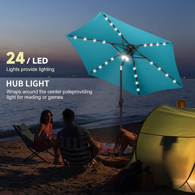 Solar Patio Umbrella with Centre Light, 7.5 ft Aqua Blue | 24 LED Lights, UV Protection, Small Solar Outdoor Umbrella for Porch, Deck, Pool, Table, Garden, Provides Evening Lighting