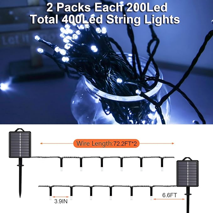 Solar Christmas String Lights, Cool White 200Led Outdoor Waterproof | 2 Pack Total 400LED 144Ft 8 Modes Timer, IP44 Outside Fairy Lights for Tree, Garden, Patio, Lawn, Party, Yard Decorations