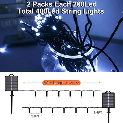 Solar Christmas String Lights, Cool White 200Led Outdoor Waterproof | 2 Pack Total 400LED 144Ft 8 Modes Timer, IP44 Outside Fairy Lights for Tree, Garden, Patio, Lawn, Party, Yard Decorations