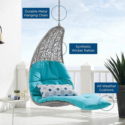 Modway Landscape Wicker Rattan Outdoor Patio Porch Chaise Lounge Hanging Swing Chair in Light Gray, Turquoise