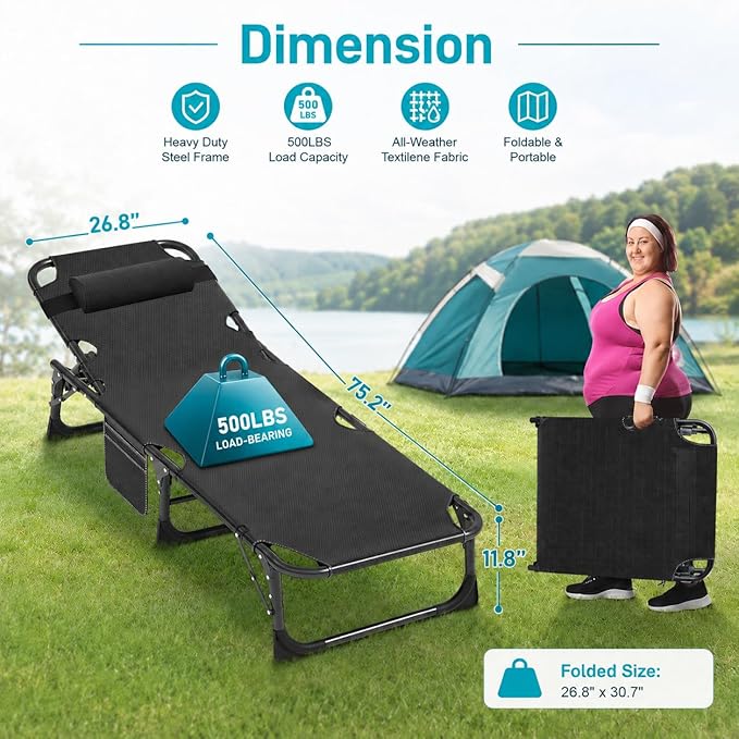 ABORON Heavy Duty Tanning Chair, 5-Gear Outdoor Folding Chaise Lounge Chair with Cushion,Portable Beach Lounge Chair for Outdoor Sunbathing Patio Pool Lawn Deck Poolside