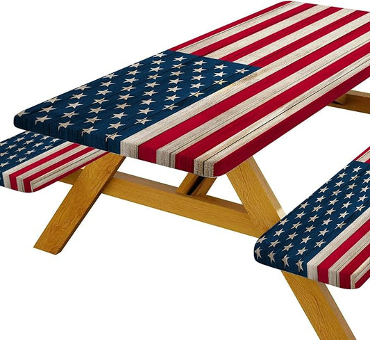 American Flag Picnic Table Cover with Bench Covers, Waterproof Windproof Oilproof, Camping Essentials, Fitted Tablecloth Cover with Elastic Edge, for Indoor & Outdoor, Garden, 3 Pieces Set, 30x96 Inch