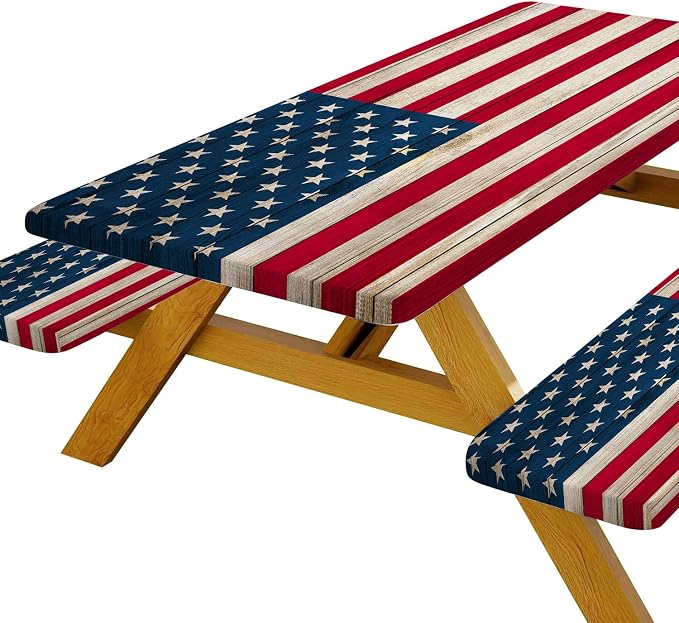 American Flag Picnic Table Cover with Bench Covers, Waterproof Windproof Oilproof, Camping Essentials, Fitted Tablecloth Cover with Elastic Edge, for Indoor & Outdoor, Garden, 3 Pieces Set, 30x72 Inch