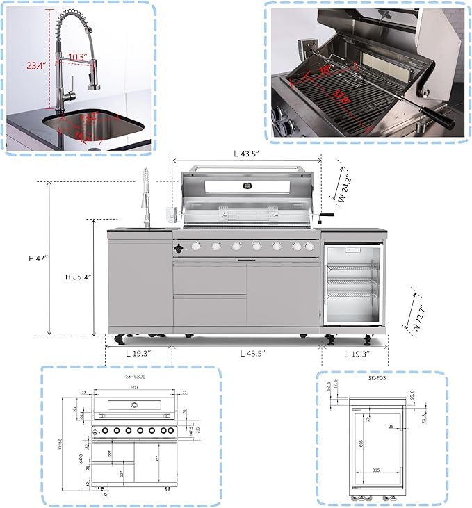 Outdoor Kitchen Island, 82 Inch 6 Burner Propane Gas Grill Combination With Refrigerator and Sink, Outdoor Stainless Steel Barbecue Bar, Propane Grill, 85000 BTU