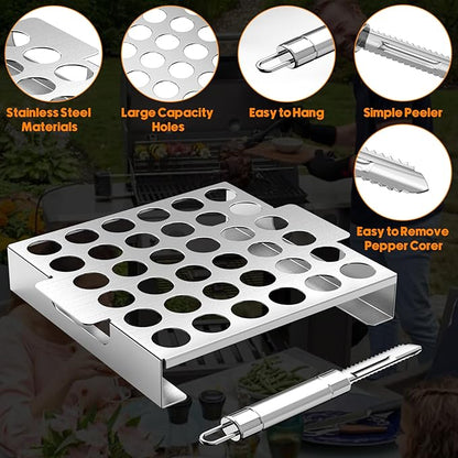 Skyflame Jalapeno Grill Rack with Handle and Chili Pepper Corer Tool - Large 36 Holes Capacity Stainless Steel Drumstick Chicken Legs Roaster for BBQ Smoker and Oven