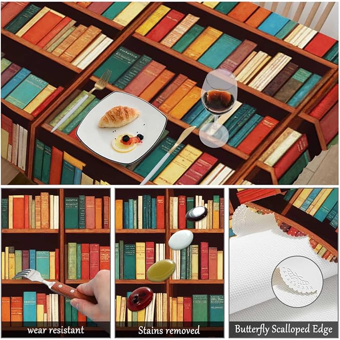 Swono Book Shelf Tablecloth Retro Bookshelf Literature Books Rectangle Table Cloth Washable Plaid Table Cover for Kitchen Holiday Dinner, 52x 70 Inch Tablecloth