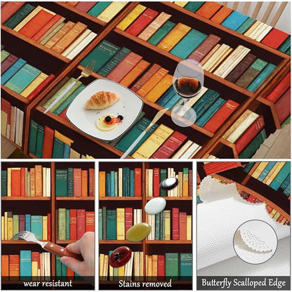 Swono Book Shelf Tablecloth Retro Bookshelf Literature Books Rectangle Table Cloth Washable Plaid Table Cover for Kitchen Holiday Dinner, 52x 70 Inch Tablecloth