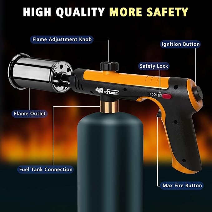 ARTFLAMM Powerful Propane Torch Gun, Flamethrower with Turbo Mode, Charcoal Torch Lighter with Safety Lock, Kitchen Blow Torch for Cooking, BBQ, Searing Steak, Grill(Tank Not Included)