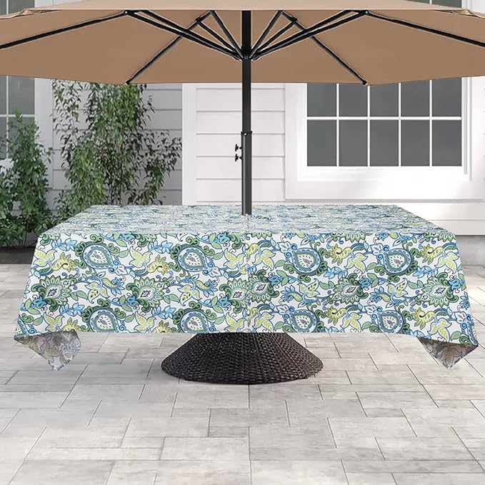 60"x84" Rectangle Tablecloth with Umbrella Hole and Zipper, Washable Waterproof Wrinkle Free Zippered Patio Table Cloths Table Covers for Spring, Party, Backyard, Picnic, BBQS (Botanical Blue Green)